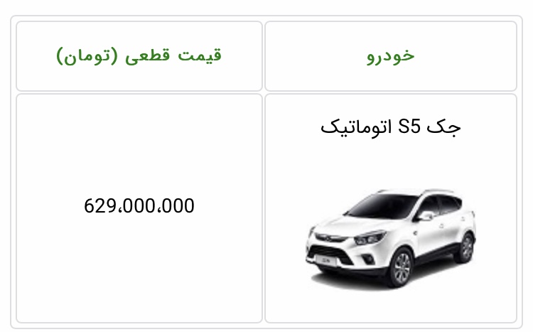 قیمت جدید جک S5 اتوماتیک ویژه بهمن ۹۹