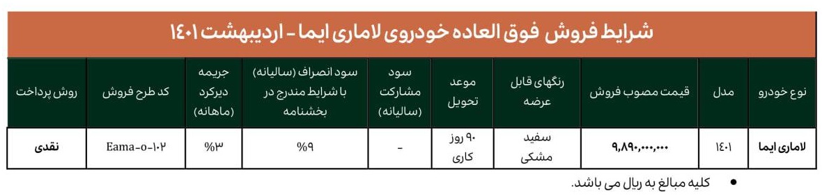 شرایط فروش خودرو لاماری ایما اعلام شد